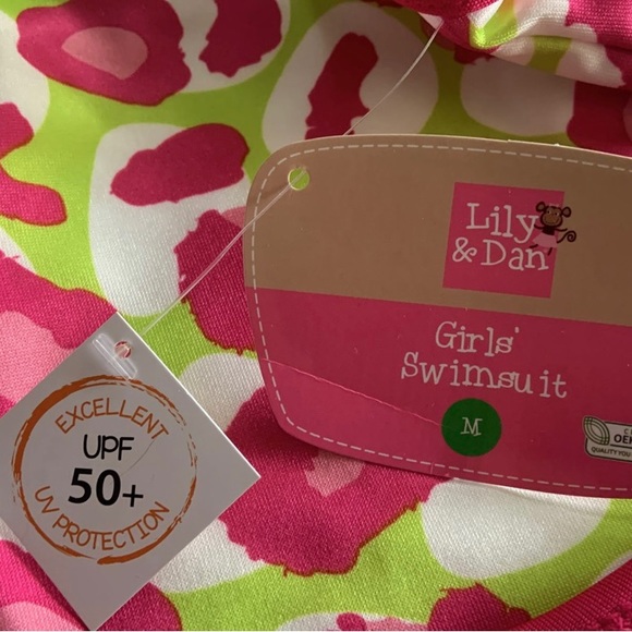 NWT Lily & Dan Girls 2 Piece Swim Set Medium Top & Bottom Green pink Tropical - Picture 7 of 8